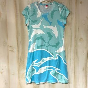 Before + Again Blue Green And White Dolphin Print Short Sleeve Dress Sz S